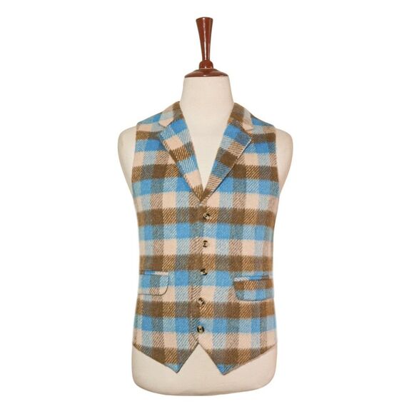 Mens 46R Lambswool Plaid Check Vest Waistcoat Cream Brown Blue Preppy Casual - Picture 1 of 8